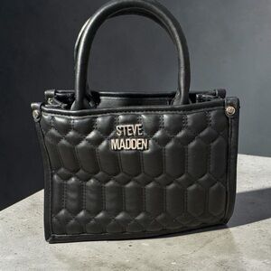 Steve Madden Black Quilted Top-Handle Satchel with Gold Logo